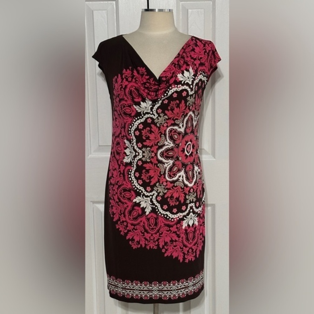 London Times Pink & Brown Ornate Print Sheath Dress Size 4